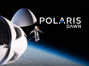 Rendering of the Crew Dragon spacecraft for Polaris Dawn with a spacewalker outside the hatch and the mission name